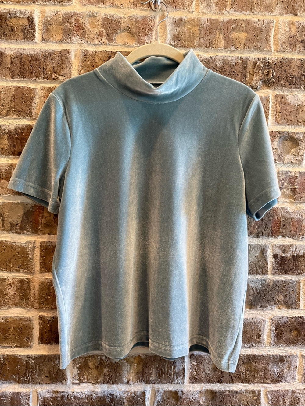 Madewell Sage Green Velvet Mock Neck Top Short Sleeve Velour Minimalist Size M
